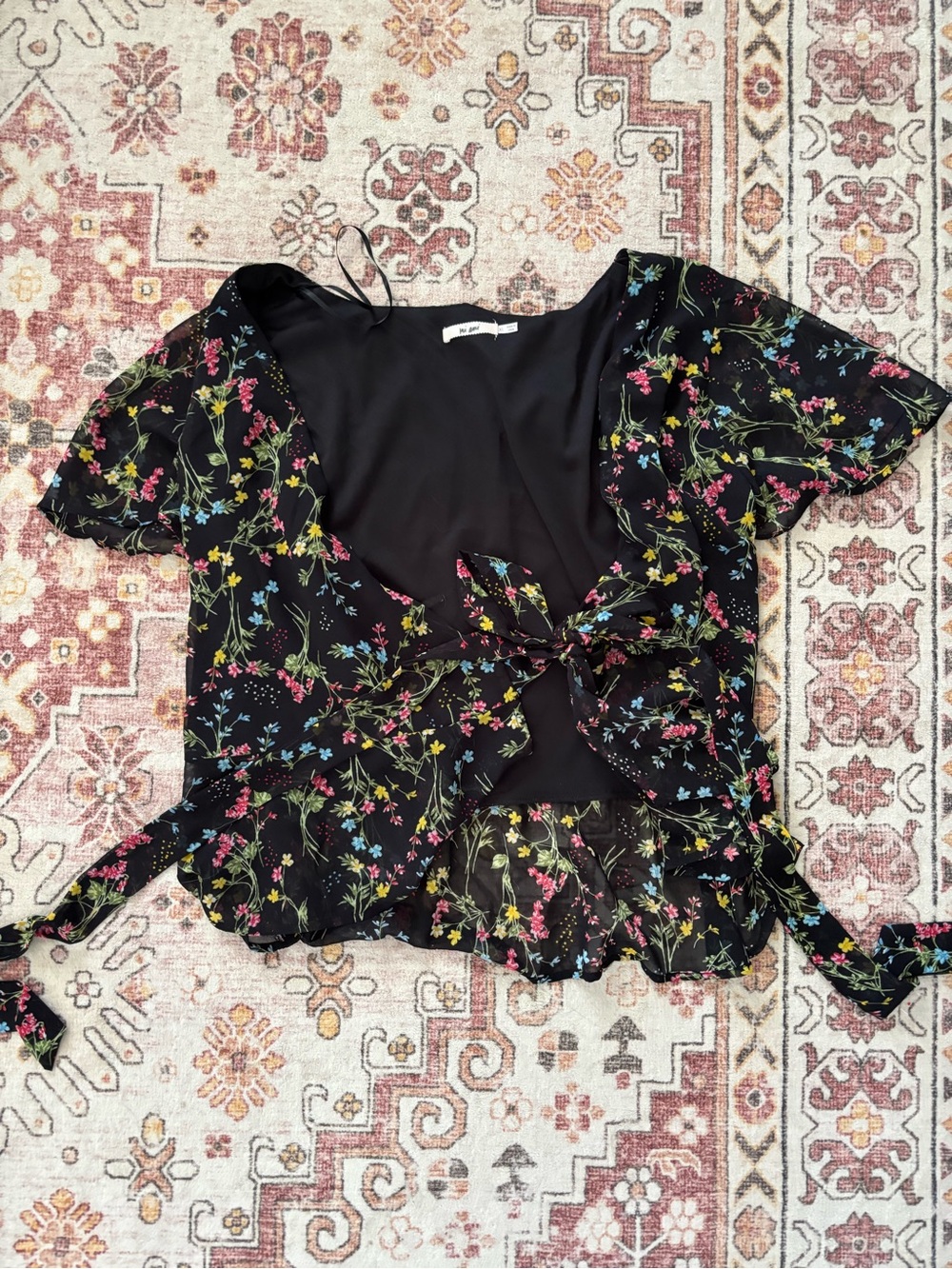 miami Black Floral Tie-Front Blouse with Pink, Blue & Yellow Accents
